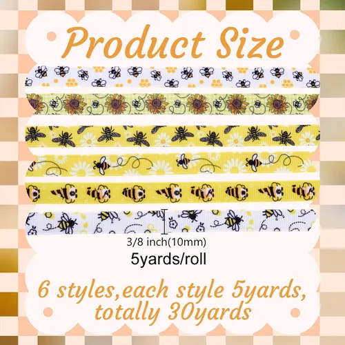 6 Rollos De Cintas De Poliéster Con Estampado De Abejas, Col Color Mixto Abejas
