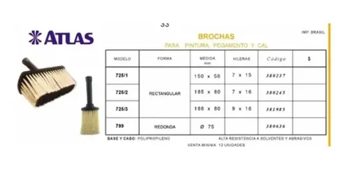 Brocha Pinceleta Rectangular 186 X 80 X 85 Mm Atlas 725/3