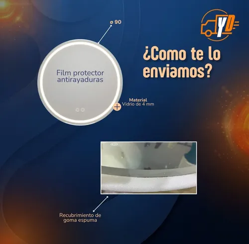 Espejo Luz Led Redondo Baño Desempañante 90cm