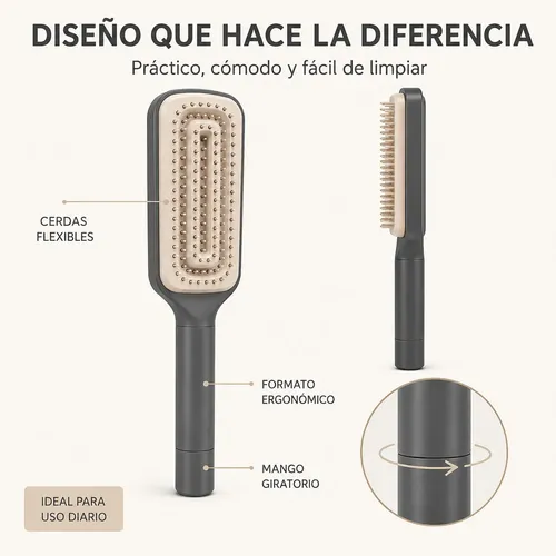 Peine Desenredante Autolimpiante Mango Giratorio Mujer X4u