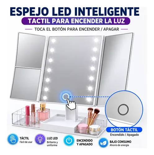 Espejo Maquillaje Led Tríptico Recargable Táctil 3 Aumentos