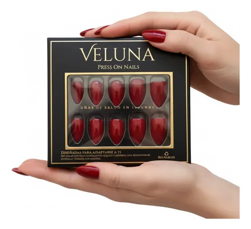 Uñas Press On Veluna Almendras 32u Cortas Reutilizables Kit Rojo Cherry