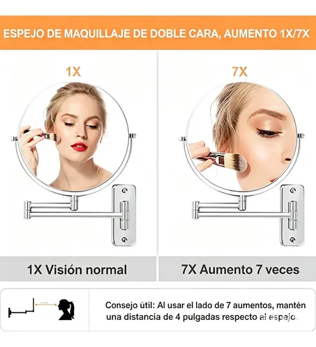 Espejo Maquillaje Pared Doble Cara Extensible Giratorio 360°