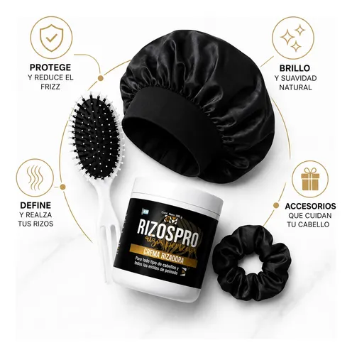 Combo Crema Rizospro Cofia Satén Cepillo Curly Scrunchie