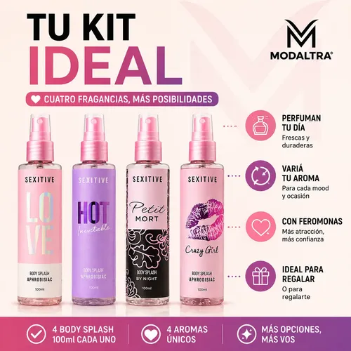 Kit 4 Body Splash Afrodisiacos Con Feromonas Sexitive Mujer