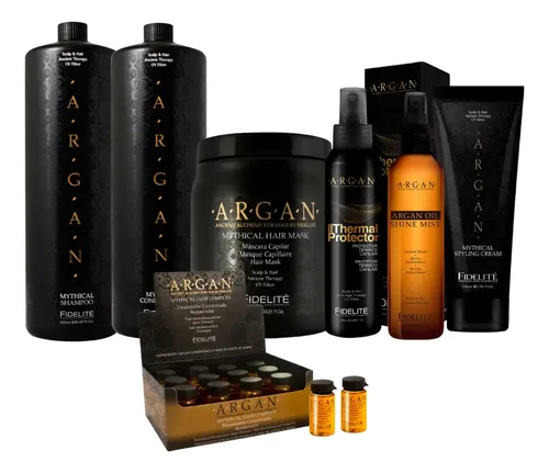 Kit Capilar Fidelité Argan Antifrizz: Shampoo, Acondicionador, Máscara, Brillo