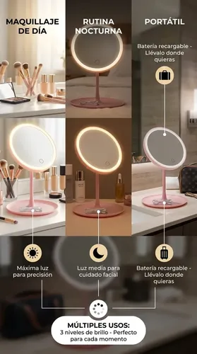 Espejo Para Maquillaje Redondo Con Luz Led Táctil Usb Rosa