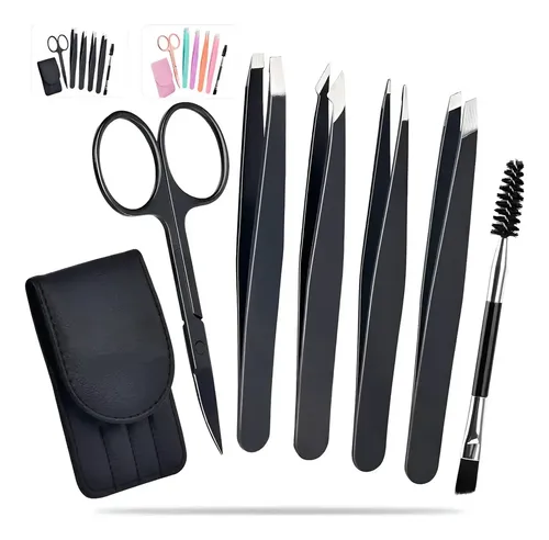 Kit 6 Pinzas De Cejas Profesionales Con Tijera Curva Rosa