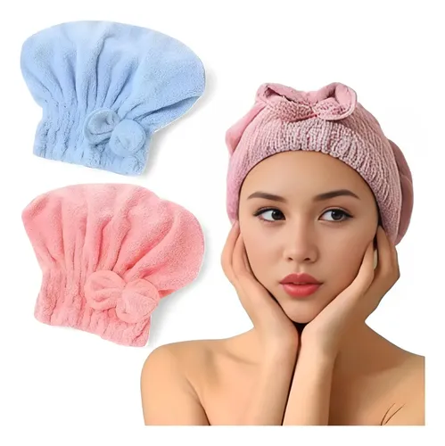 Toalla Turbante Microfibra Secado Rápido Pelo Gorro X2 Unid Rosa Y Celeste