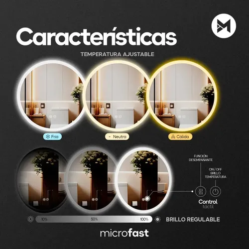 Espejo Luz Led Touch/táctil Inteligente Baño Premium Desempañante Fría/cálida/neutra Redondo Moderno 60cm Esmerilado Regulación De Brillo