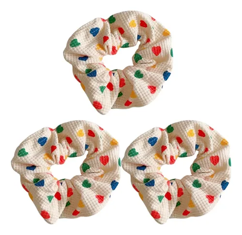 3 Elegantes Anillos Para El Pelo, Delicados Soportes Elástic Cream With Multicolor Hearts Estampada De Corazones