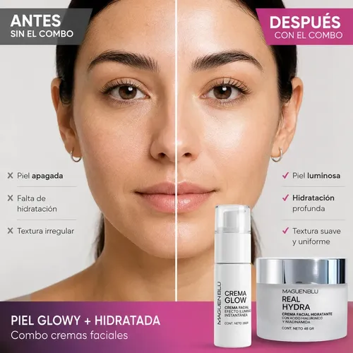 Combo Skincare Crema Facial Glow + Crema Hidratante Facial Con Acido Hialurónico Niacinamida | Kit Día y noche | Liviana | Piel Normal Mixta Grasa Seca | Antiarrugas | Suavizante | Mejora Firmez