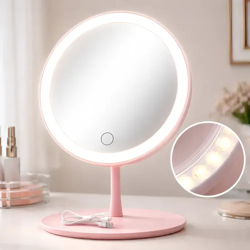 Espejo Con Luz Led Rosa 3 Tonos Para Maquillaje Usb