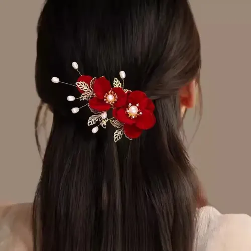 Horquilla De Flor De Terciopelo Rojo Antiguo Con Perlas