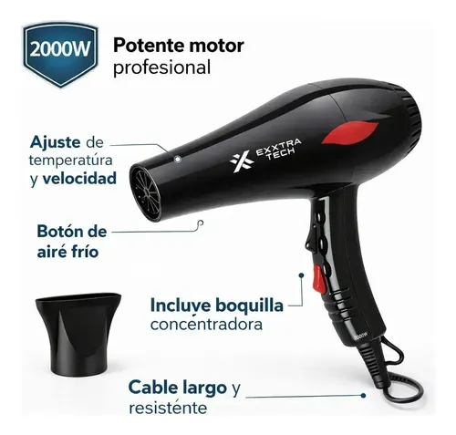 Secador Pelo Cabello Frio Calor Extra Techh 2000w Negro
