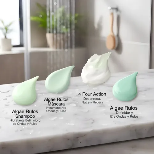 Kit Definición Rizos Algae Rulos Line Up con Shampoo Rizos, Máscara Algae Rizos, Mascara Antifrizz e Hidratadora 4FourAction y Spray Formador de Rulos