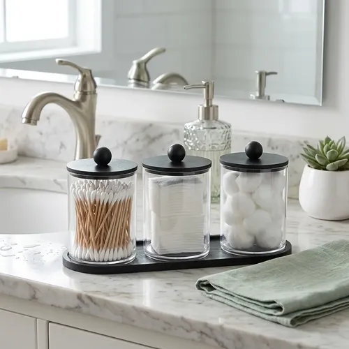 Set 3 Piezas Organizador Baño Frascos Hisopos 3pcs And Tray