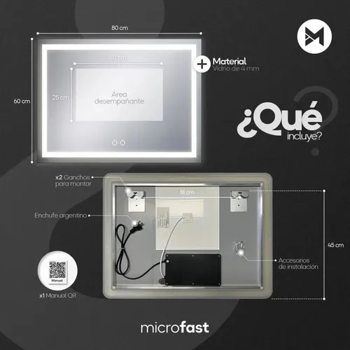 Espejo Luz Led Touch/Táctil Inteligente Baño Premium Desempañante Fría/Cálida/Neutra Rectangular Horizontal Moderno 80x60cm Esmerilado Regulación de Brillo