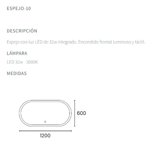Espejo Ovalado Con Lampara Luz Led Táctil Baño Living 120cm Marco Luz Cálida