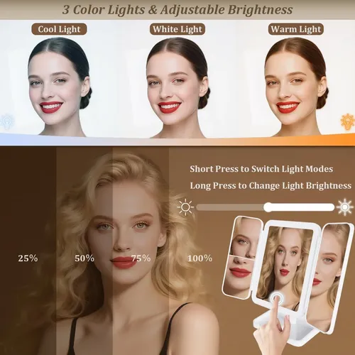Espejo Led Tríptico De Tocador Con Luz Y Aumento Regalo White