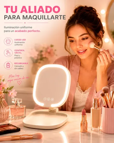 Espejo Luz Led Tactil Recargable Cuadrado Maquillaje Usb