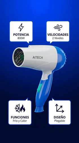 Secador De Cabello Plegable Azul Aitech Portatil Aire Frio Caliente Cuidado Personal Viaje Hogar Belleza Peluqueria Profesional Universal Liviano Practico Mango Plegable