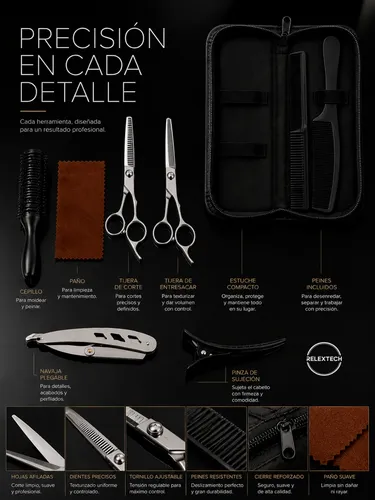 Kit Corte Cabello Profesional Estuche Tijeras Peines Complet