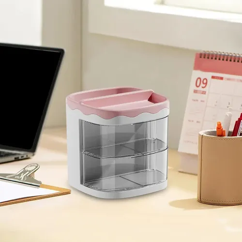 Organizador De Maquillaje Cremas Escritorio Rosa, Porta Lápices Y Papelería, Con 2 Cajones Multifuncional, Ideal Para Decoración Aesthetic, Almacenamiento Tierno Y Viral Levys Bazar