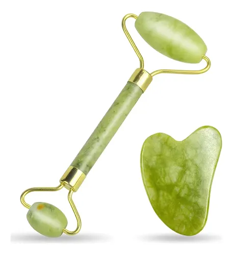Set Gua Sha Y Rodillo Facial Dsenfurn Piedra Jade Verde