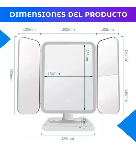 Espejo Triple Con Luz Led Usb Maquillaje Triptico Makeup