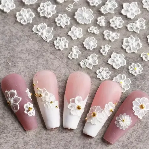 Pegatinas De Uñas 5d De Flores Blancas – Paquete De 3