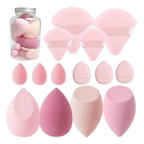 Set De 14 Esponjas De Maquillaje Rosas Con Caja De Poliureta
