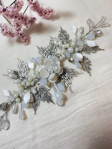 Tocado Artesanal Aplique Novia 15 Años Blanco Plateado