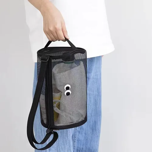 Bolsa De Maquillaje De Malla Con Cremallera, Bonita Negro