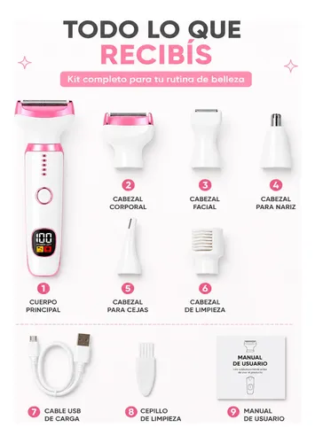 Depiladora Mujer Eléctrica 5 En 1 Facial Cejas Usb Portatil