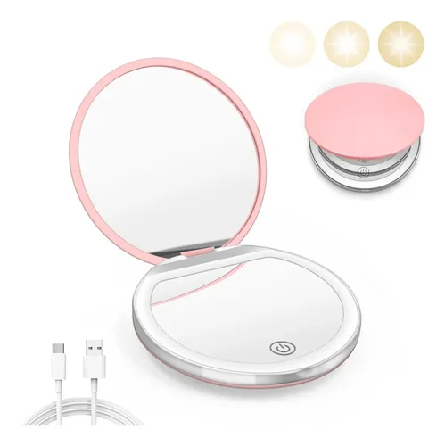 Espejo Compacto Kakuje Con Aumento 1x/3x Y Luz Rosa