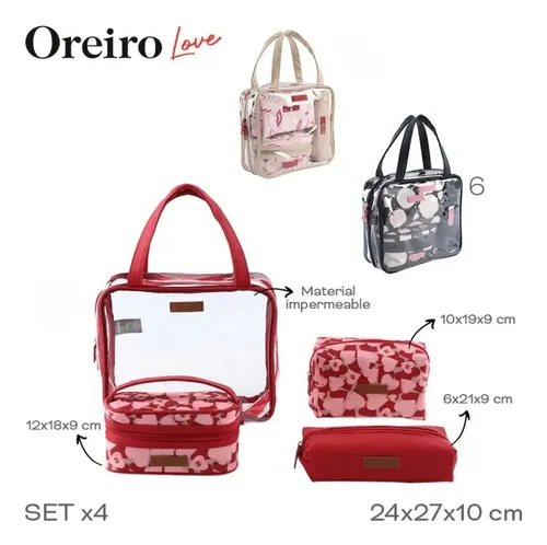 X4 Neceser Oreiro Love Transparente Pvc Viaje Maquillaje Beige Estampado