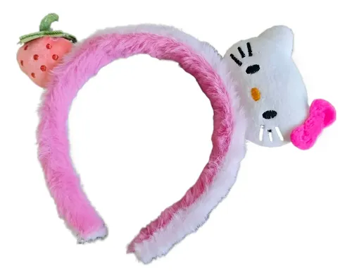 Diadema Alta De Gatito Adorable Con Fresa  Rosa Y Blanco