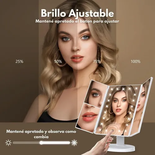 Espejo Tríptico LED Norcel para Maquillaje con Luz Regulable y Aumentos