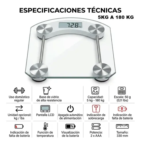 Balanza De Baño Vidrio Pantalla Digital 180kg