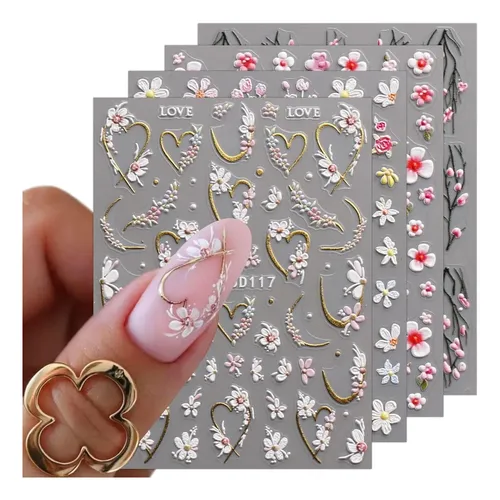 Pegatinas De Uñas 3d Floral 5d Adhesivas 4 Hojas Arte