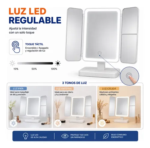 Espejo De Maquillaje Con Luz Led Táctil Blanco Con Aumento