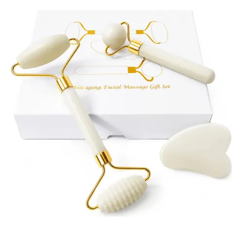 Set Masajeador Facial Jade Roller Gua Sha 3 Piezas Blanco