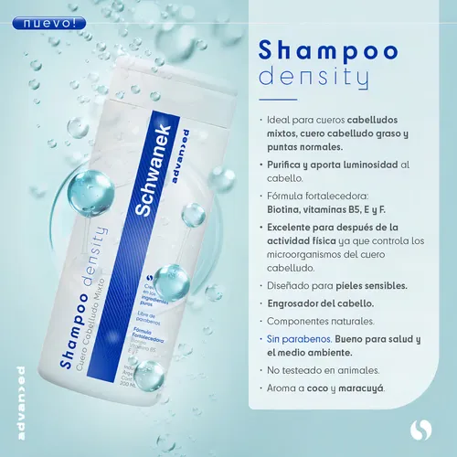 Shampoo Schwanek Density-Sport Duo Caída De Cabello Brillo 5 vitaminas libre de parabenos