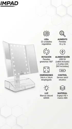 Espejo Maquillaje Led Con Organizador Aumento 2x 3x Plegable