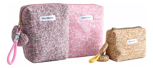 Bolso De Maquillaje Felpa Leopardo Marrón Hexagonal Grande