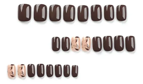 Uñas Minimalistas En Color Marrón Liso Con Diseño De Hojas