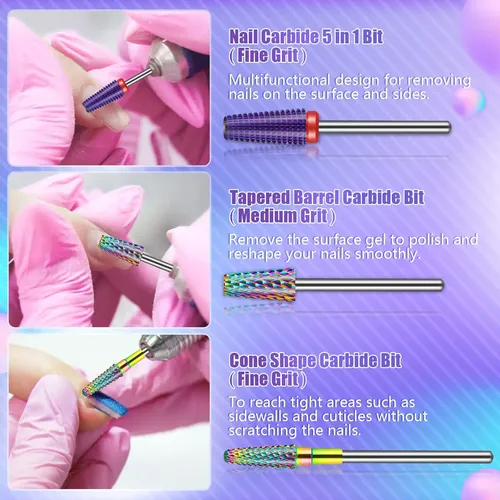 Juego De 3 Brocas Para Uñas 5 En 1 Barril Cónico Y Cono