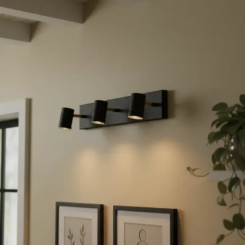 Aplique pared o techo 3 luces dicro LED negro hierro con detalle en bronce | Ideal baño, pasillo o espejo | Diseño técnico con estilo | Incluye lámparas dicroicas | Industria Argentina