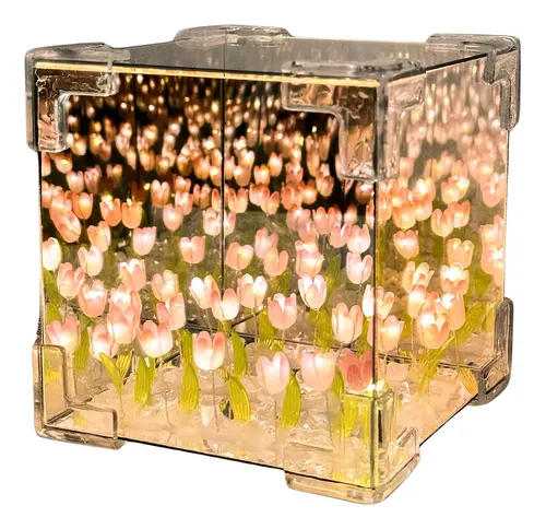 Lampara Tulipanes Infinitos Cubo Espejo Eternos Luz Nocturna Estructura Rosa Pantalla Na